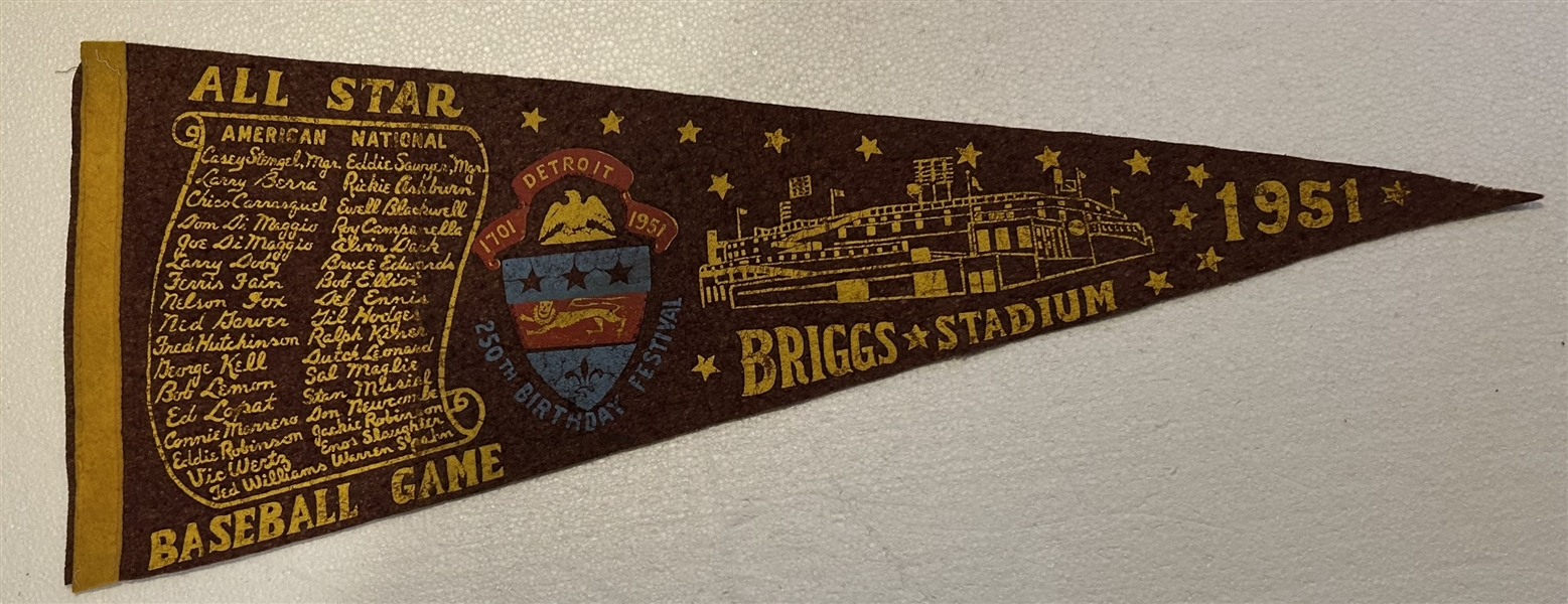 VINTAGE 1951 MLB ALL-STAR GAME PENNANT @ BRIGGS STADIUM-DETROIT