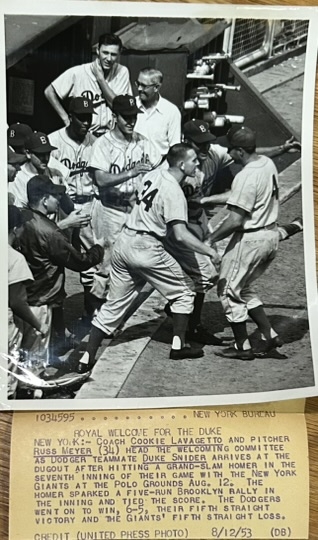 1953 DUKE SNIDER HOMERS vs GIANTS WIRE PHOTO