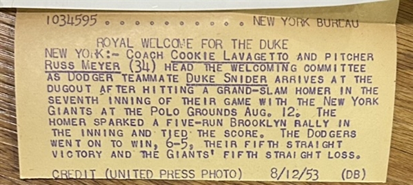1953 DUKE SNIDER HOMERS vs GIANTS WIRE PHOTO