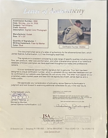 TED WILLIAMS SIGNED 15 x 20 FRAMED PHOTO w/JSA LOA