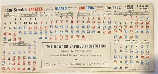 1952 DODGERS, YANKEES & GIANTS SCHEDULE BLOTTER
