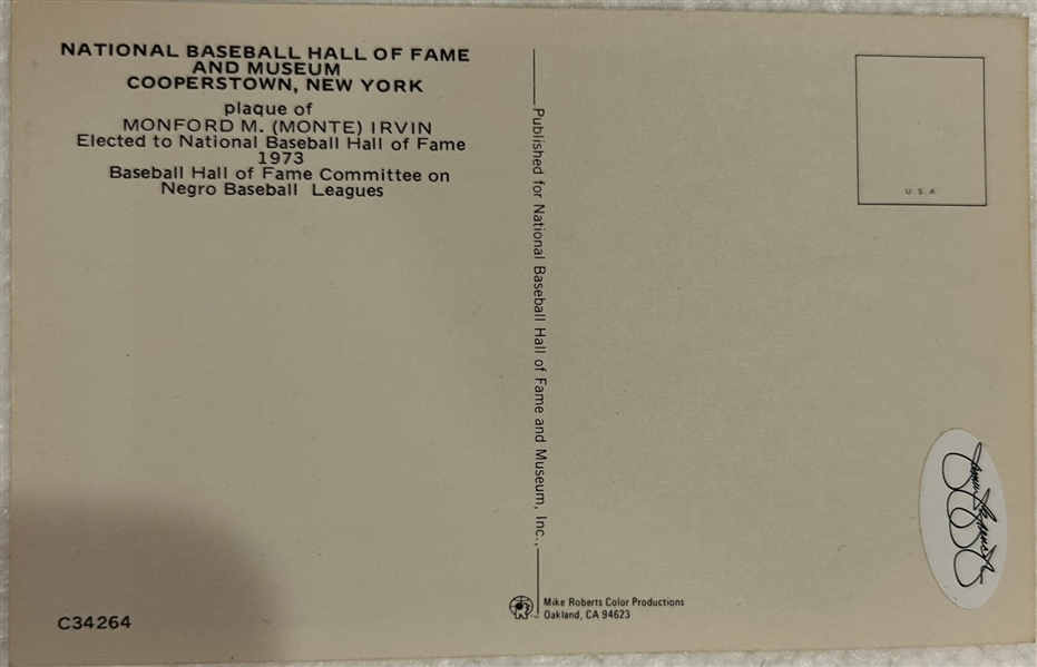 MONTE IRVIN SIGNED HOF POSTCARD w/JSA