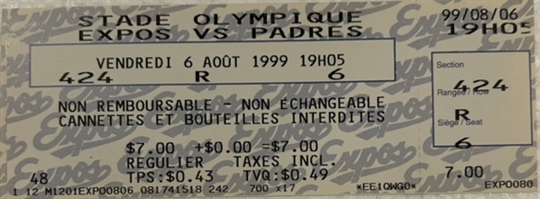 8/6/99 TONY GWYNN 3,000 HIT FULL TICKET 