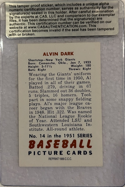 ALVIN DARK SIGNED 1951 BOWMAN REPRINT BASEBALL CARD w/CAS