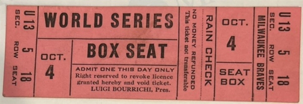 VINTAGE MILWAUKEE BRAVES WORLD SERIES CONTEST WINNER TICKET