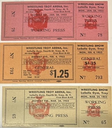 1952 PROFESSIONAL WRESTLING UNUSED TICKETS - 3 DIFFERENT DATES