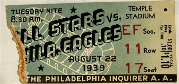 1939 PHILADELPHIA EAGLES vs COLLEGE ALL-STARS TICKET STUB