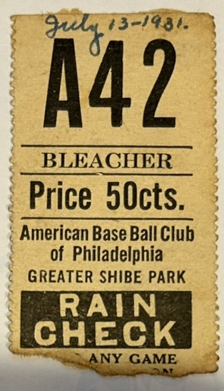 7/13/31 PHIL. A's vs WASHINGTON SENATORS TICKET STUB- FOXX, COCHRANE & SIMMONS HRs