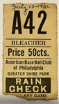 7/13/31 PHIL. As vs WASHINGTON SENATORS TICKET STUB- FOXX, COCHRANE & SIMMONS HRs