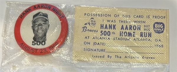 1968 HANK AARON 500th HOME RUN PIN AND CARD 