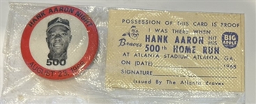 1968 HANK AARON "500th HOME RUN" PIN AND CARD 