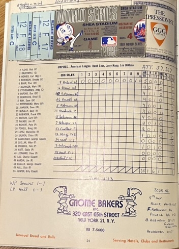 1969 WORLD SERIES PROGRAM w/GAME 4 TICKET STUB- METS vs ORIOLES