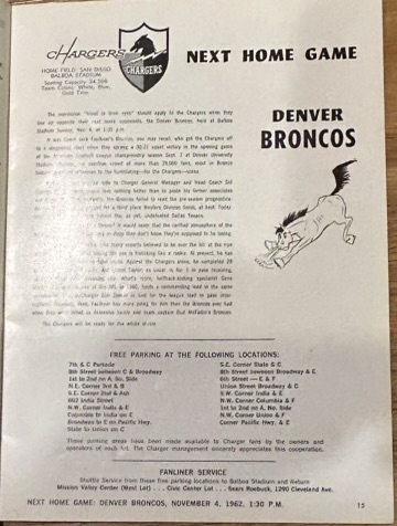 1962 SAN DIEGO CHARGERS vs DALLAS TEXANS PROGRAM