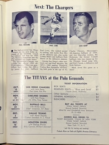1961 NEW YORK TITANS vs BOSTON PATRIOTS PROGRAM