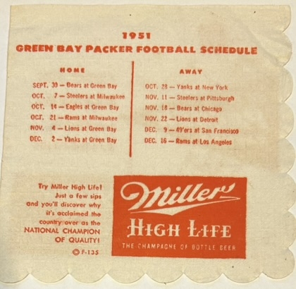 1951 GREEN BAY PACKERS 'ADVERTISING NAPKIN w/SCHEDULE