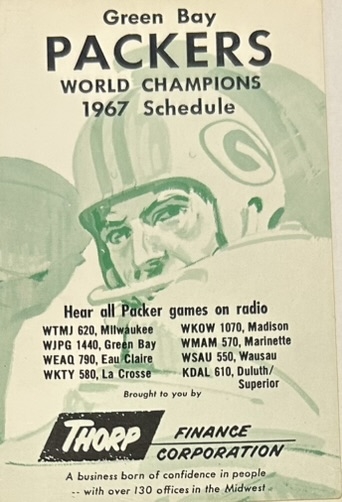1967 GREEN BAY PACKERS SCHEDULE CARD