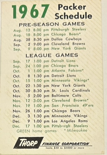 1967 GREEN BAY PACKERS SCHEDULE CARD