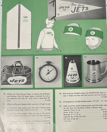 1965 NEW YORK JETS SOUVENIR ORDER SHEET'