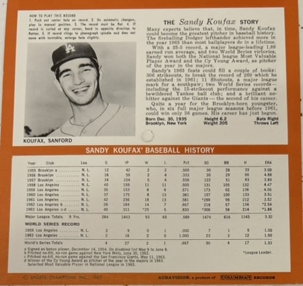 1963 SANDY KOUFAX L.A. DODGERS AURAVISION RECORD